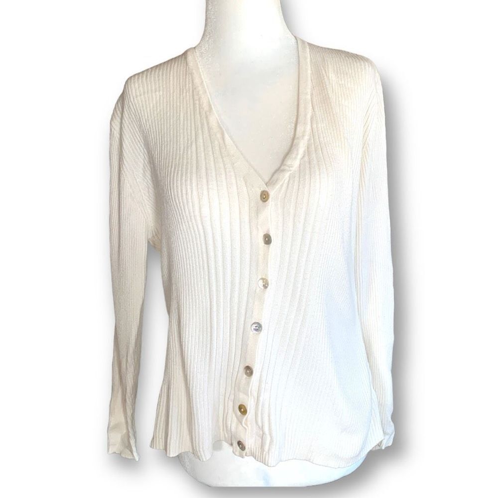 Vintage Worthington Cardigan Sweater Oatmeal Ribbed Knit V-neck Long Sleeve